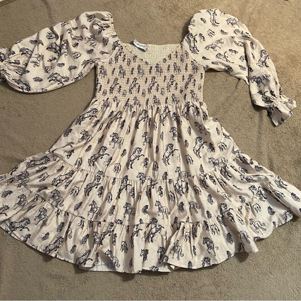 Women’s horse print puff sleeve smocked mini dress country western M